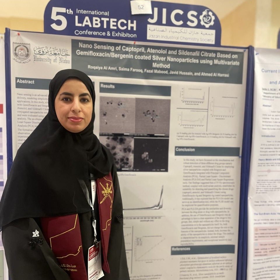 CHS_UoN's tweet image. We are proud to celebrate Ms. Roqaiya Al Amri from the School of Pharmacy, for winning the Best Poster Award at #LabTech2025 in Jazan, KSA (17–19 November), organized by JICS.

A remarkable achievement that reflects her excellence and impact in the field.
Congratulations! 🔬✨