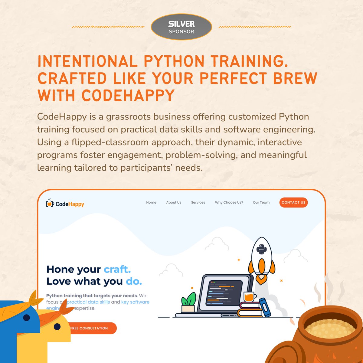 pyconph's tweet image. International Python Training. Crafted Like Your Perfect Brew with CodeHappy 💻😊

We’re thrilled to welcome 𝐂𝐨𝐝𝐞𝐇𝐚𝐩𝐩𝐲 as a Silver Sponsor for PyCon APAC 2026! 🎉

🔗 Website: codehappy.ph

#PythonAsia2026 #PythonPH #Pythonista #PHTechCommunity