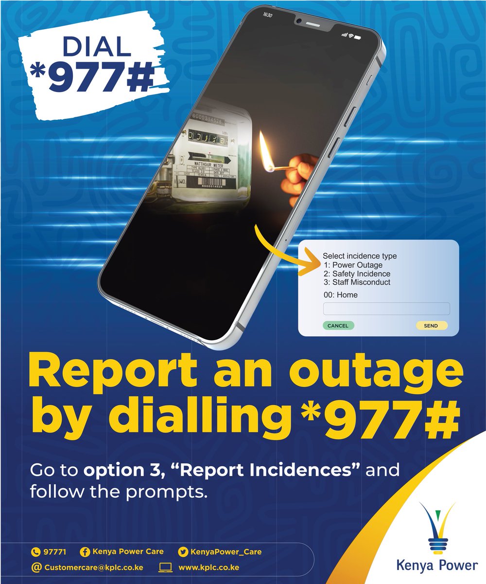 KenyaPower_Care's tweet image. Solutions at your fingertips!

When experiencing a power outage, reach us instantly by  dialing *𝟗𝟕𝟕# and we will handle the rest !

Kenya Power, Nuru ya Kenya. 

#PoweringKenya
#PamojaTwangaa