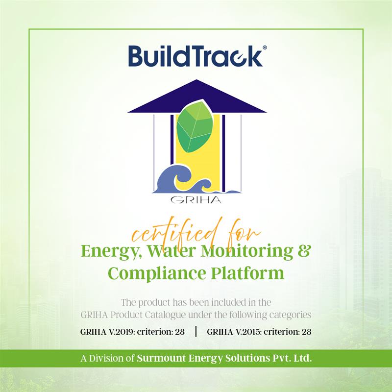 buildtrack's tweet photo. A new option for GRIHA/LEED/WELL Sustainability Certification ! Our ENERGY &amp; WATER MONITORING PLATFORM is now officially approved for green building compliance on GRIHA projects.

Contact us if you have projects with these sustainability certifications. 

#GRIHA #Sustainability https://t.co/HqJ57c0r47
