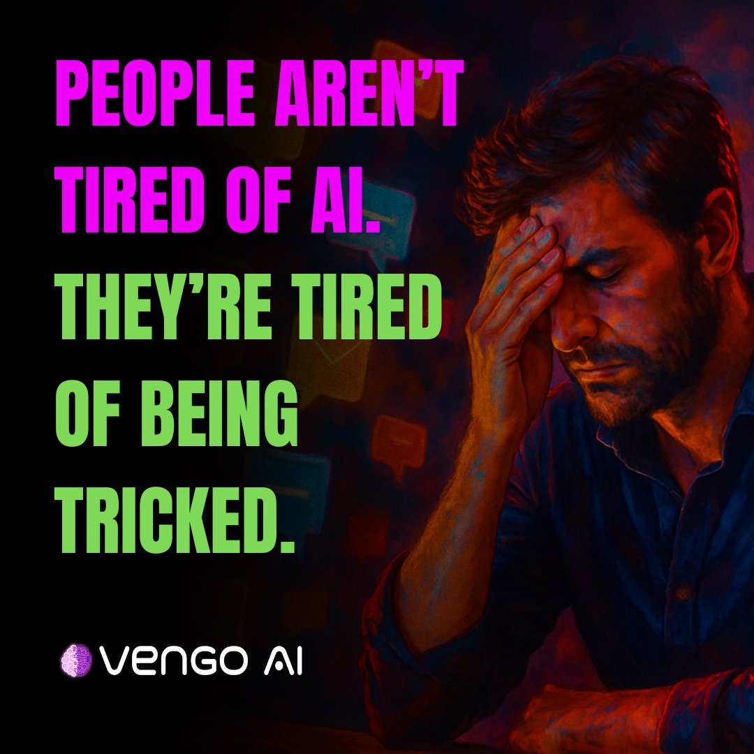 Vengoaiapp's tweet image. 63% of people stopped replying on LinkedIn because of spam bots. People don’t want more AI—they want real, human conversations that build trust.

Read more: rfr.bz/t881c43

#AI #CustomerExperience #SpamFree #DigitalTrust #BusinessGrowth