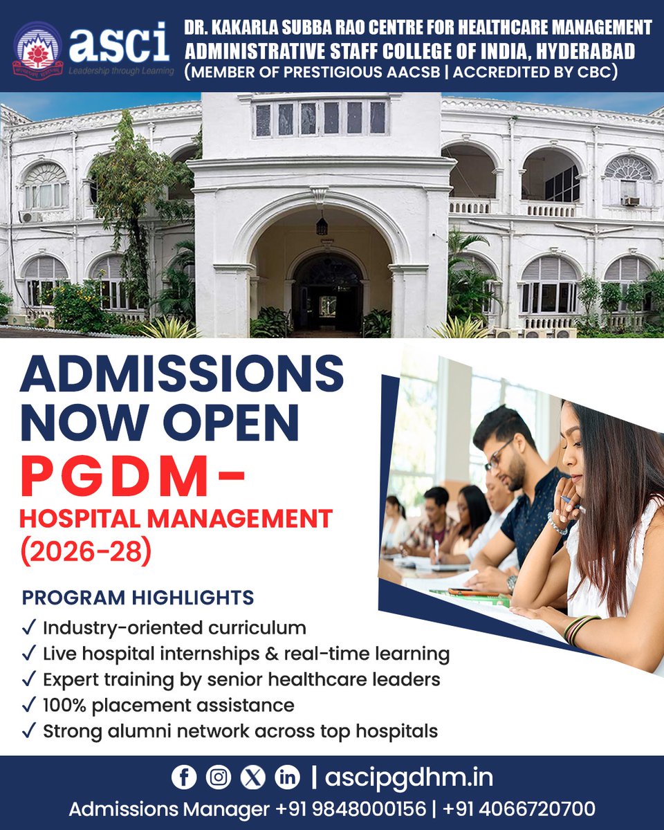 Ascipgdhm's tweet image. 📌 Member of prestigious AACSB

📌 Accredited by CBC

📞 +91 9848000156 | +91 4066720700
🔗 ascipgdhm.in
#asci #pgdmhospitalmanagement #healthcaremanagement #hospitalmanagement #admissionsopen #healthcarecareers #futureofhealthcare #industrydrivenlearning