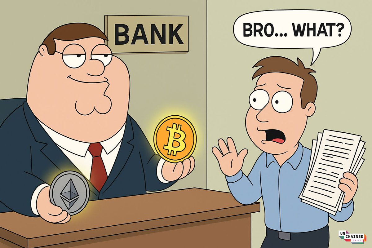 来自 Unchained Daily 时事通讯的插图，显示拿着比特币和以太坊硬币的卡通人物