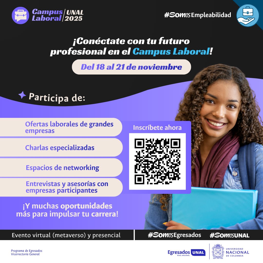 EgresadosUN_Nal's tweet image. ¡Seguimos en el Campus Laboral UNAL! ✨ Si ya estás inscrito, explora aquí: ow.ly/pUnR50XtYhc. Si no, ¡únete! Inscríbete aquí: ow.ly/Ihzh50XtYhe 👉 #SomosEmpleabilidad #SomosEgresados #SomosUNAL