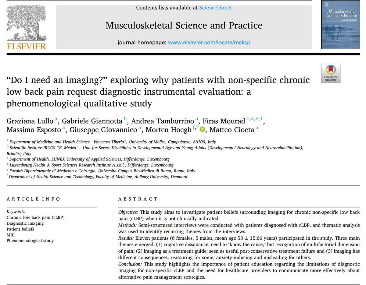 MSKPhysioJnl's tweet image. 🤔 Why do people with chronic low back pain still ask for imaging?
A qualitative study buff.ly/MCxGrAO uncovers how reassurance needs, fear, and uncertainty shape patient requests for diagnostic tests.
#LowBackPain #PainScience