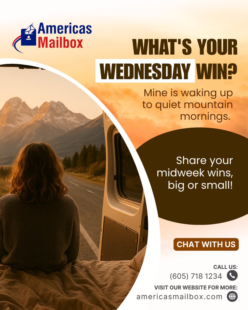 ✨ WHAT'S YOUR WEDNESDAY WIN? ✨

👇 Drop your story in the comments and tag it with!

Ready to make RV life easier?
Call (605) 718-1234 to get started!
Learn more or chat with us at americasmailbox.com

#WednesdayWins #Vanlife
#AmericasMailbox #WednesdayWins #RVCommunity