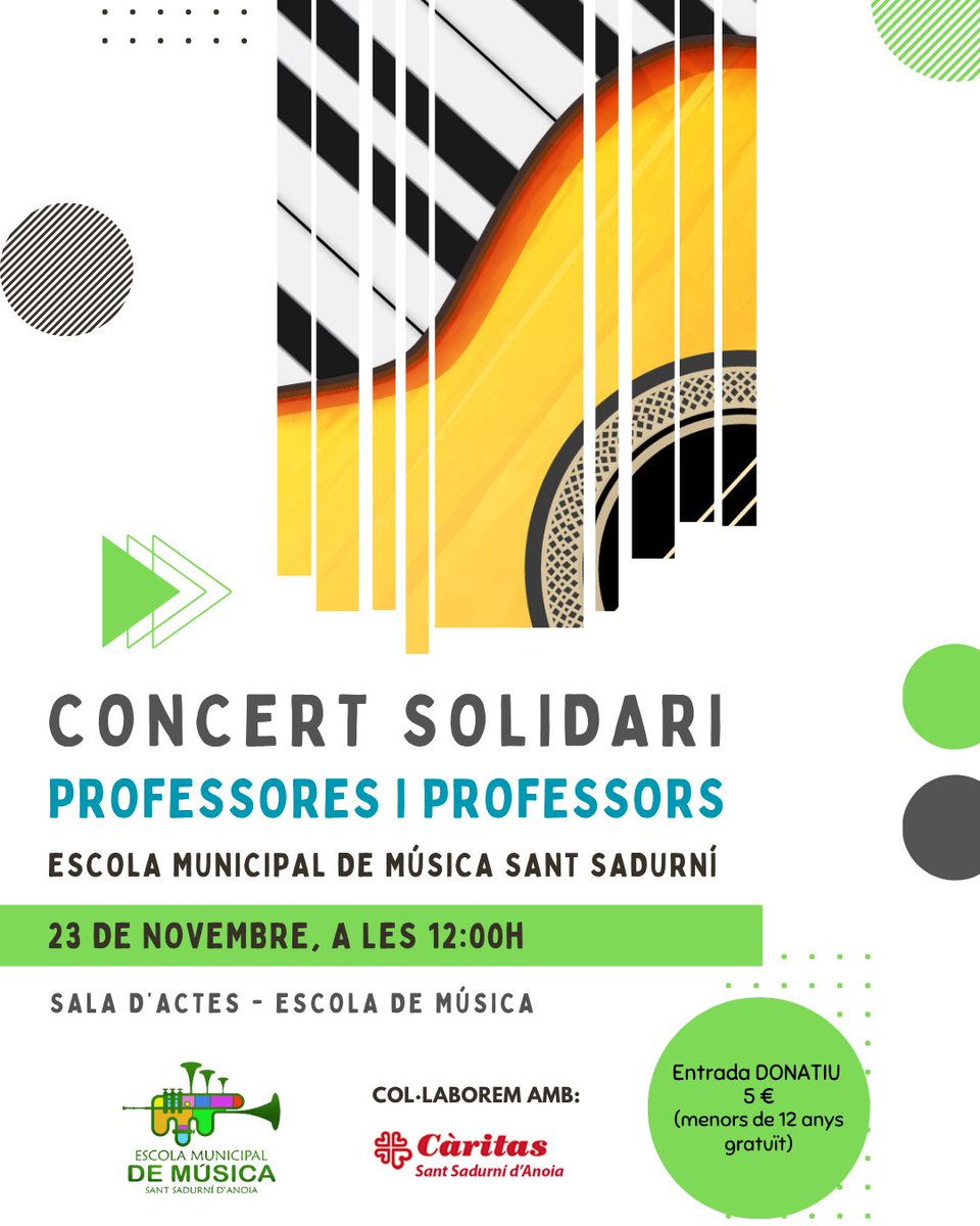 🎹 Concert Solidari, a càrrec dels professors i professores de l'Escola Municipal de Música Sant Sadurní d'Anoia
📆Diumenge 23 de novembre
⌚️12h
📍Escola de Música #santsadurni
Donatiu 5€ destinats a #Càritas Sant Sadurní
bit.ly/4penala