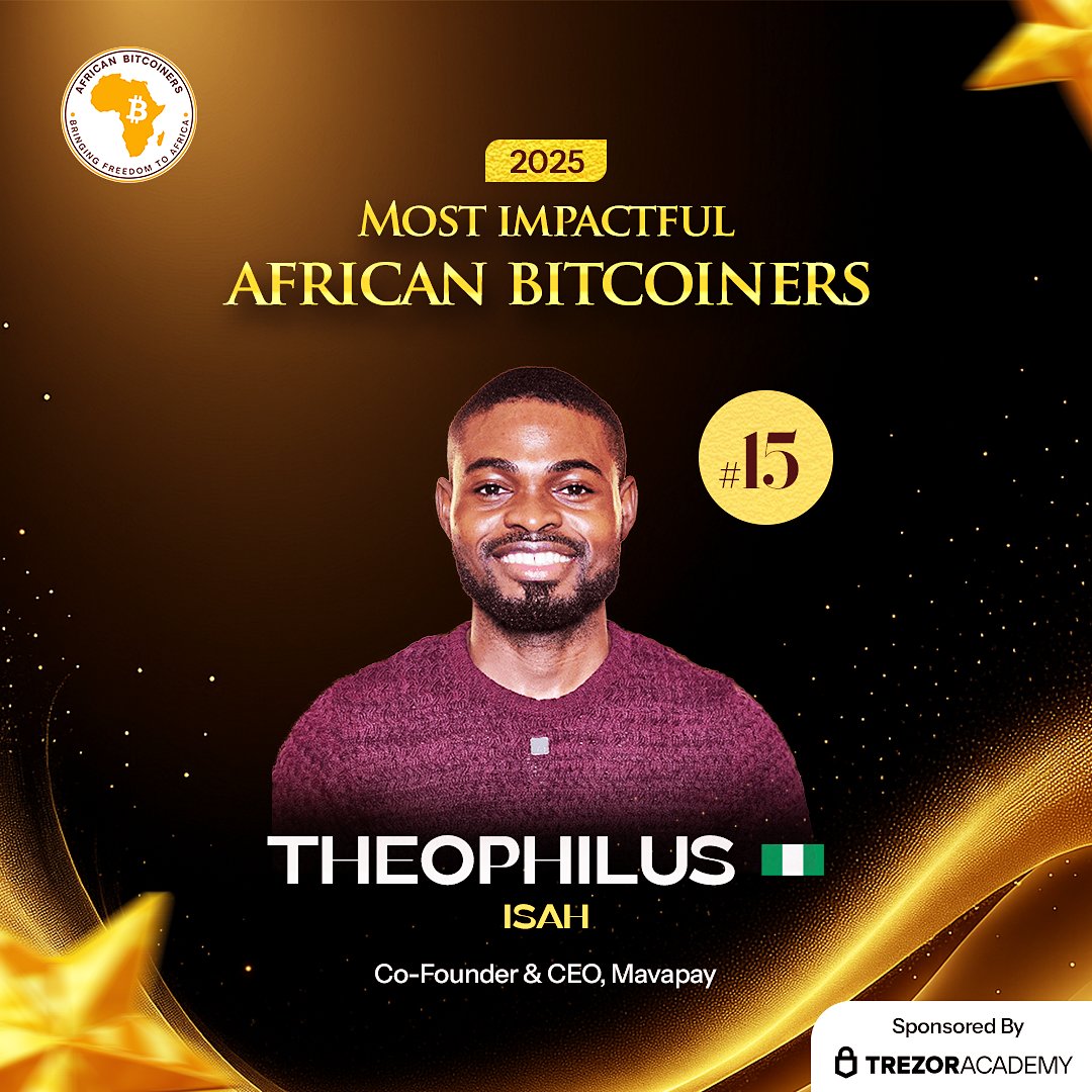 afribitcoiners's tweet image. 💥Celebrating Nigerian Theophilus Isah (@Extheo) as our #15 Most Impactful African Bitcoiner of 2025! 🇳🇬

Our #15 is the innovative Theophilus Isah, Co-founder &amp;amp; CEO of @Mavapay_Money. He is a pivotal figure in West Africa, driving Bitcoin adoption through practical digital…