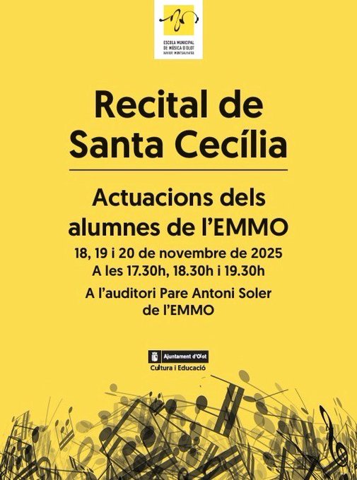 🎹🥳 Aquests dies l'<a href="/emmoxm/">ESCOLA MUNICIPAL DE MÚSICA D'OLOT</a> celebra la patrona de la música, santa Cecília, amb recitals musicals!

🎶 Vine a escoltar les obres que interpretaran els alumnes d'instrument de l'escola.
📍Del 18 al 20 de novembre a partir de les 17.30 h a l'auditori de l'EMMO.

#Olot