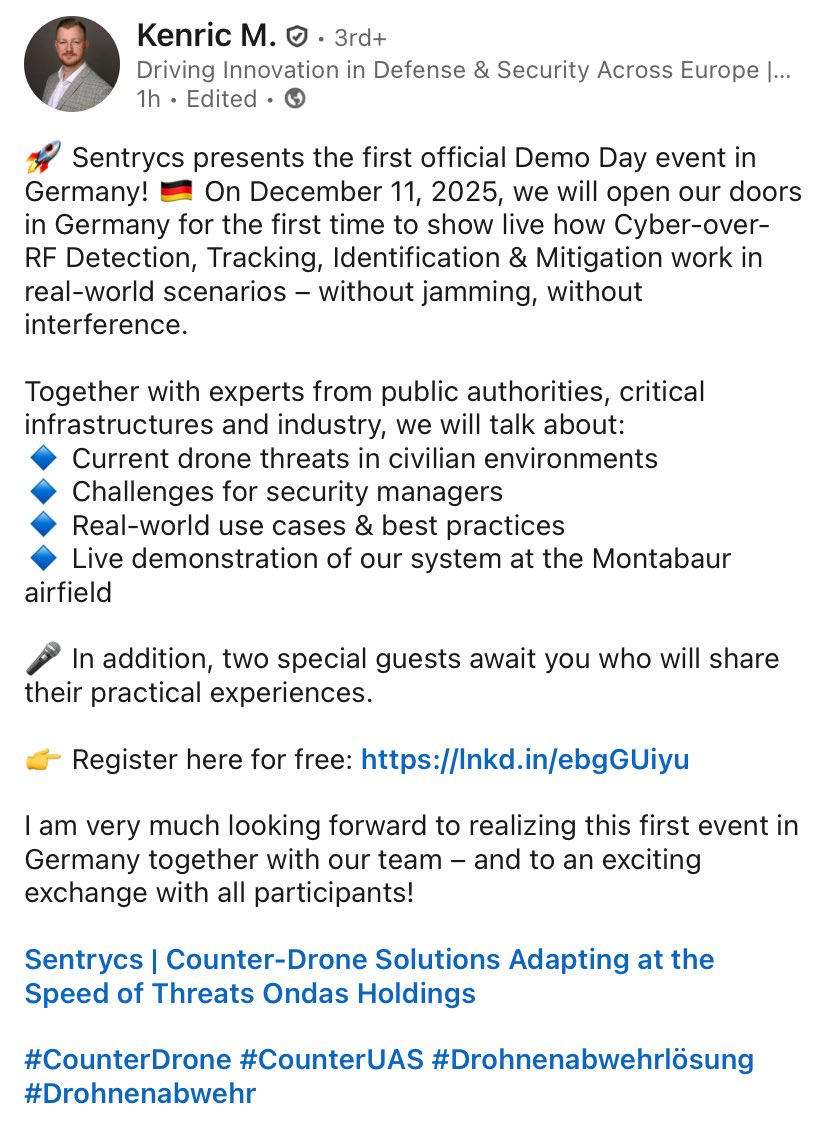 BMSInvests's tweet image. $ONDS

Sentrycs December Demo Day in Germany🇩🇪