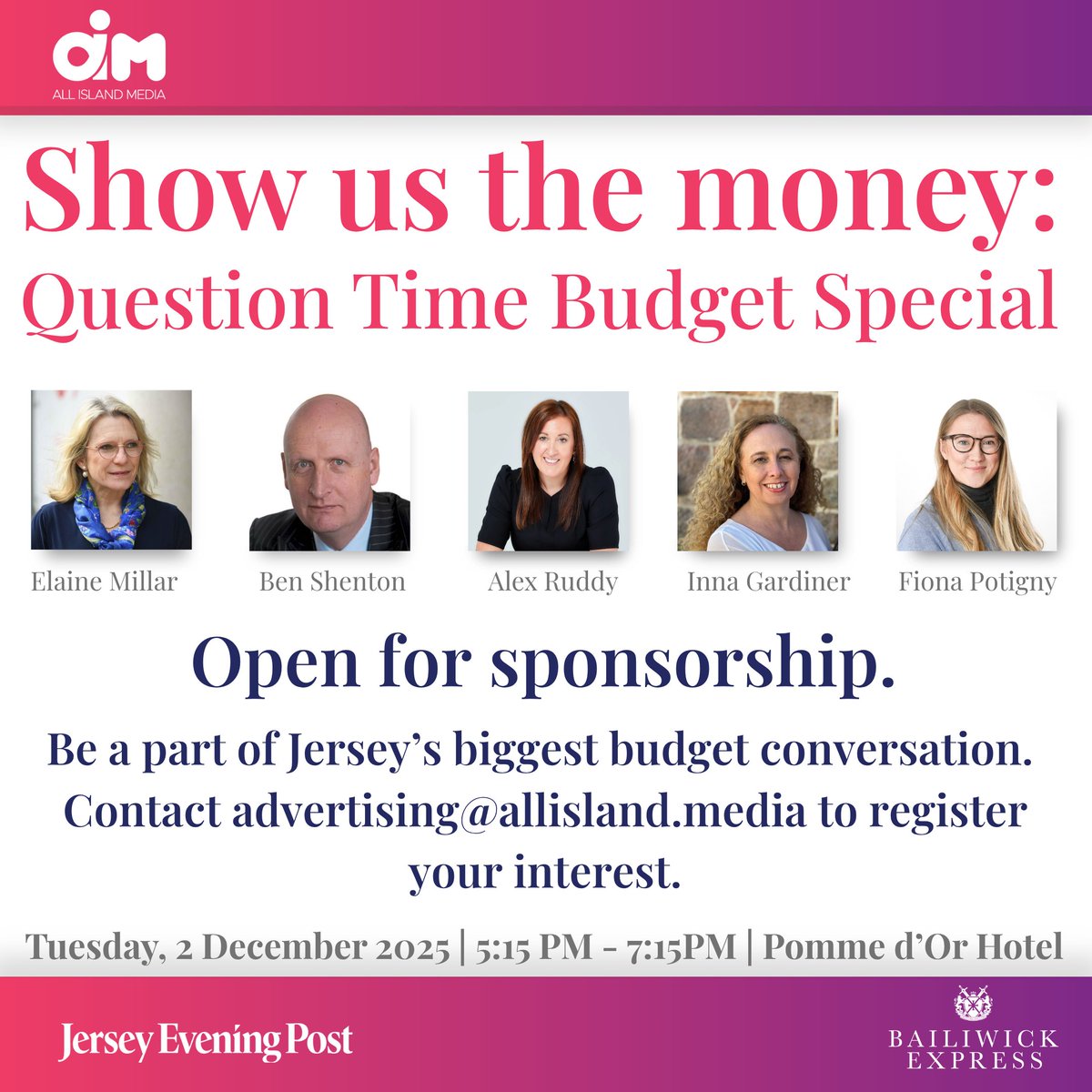 Join us for the biggest budget conversation in Jersey of the year 💰

📩 To enquire about sponsoring the event, please contact advertising@allisland.media 

🎟️ Buy tickets here: brnw.ch/21wXCTG 

🔍 Submit questions: brnw.ch/21wXCTH