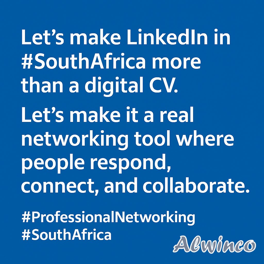 Alwinco's tweet image. Let’s make LinkedIn in #SouthAfrica more than a digital CV. Let’s make it a real networking tool where people respond, connect, and collaborate.
#ProfessionalNetworking #SouthAfrica

@FancourtSA
@SteynCity_Golf
@GMAgauteng
@TheSAnews