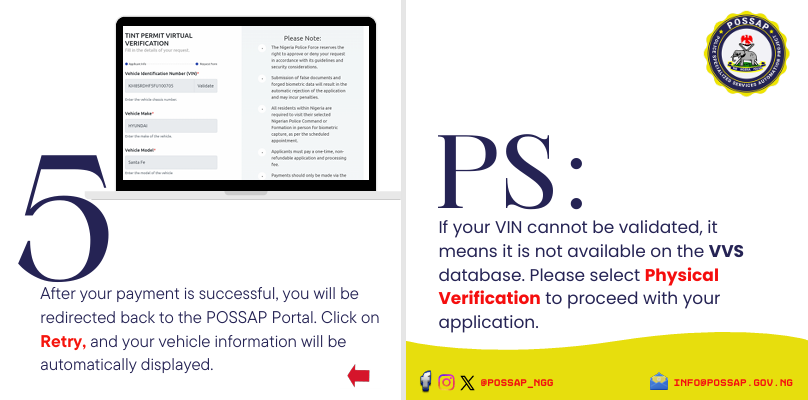 POSSAP_NGG's tweet photo. Not sure how to validate your VIN?
Follow the simple steps on the POSSAP portal to confirm your vehicle details and continue your Tinted Glass Permit application seamlessly.
#tintpermit #tintedglasspermit #possap #tgp https://t.co/u8TdKMEi7Y
