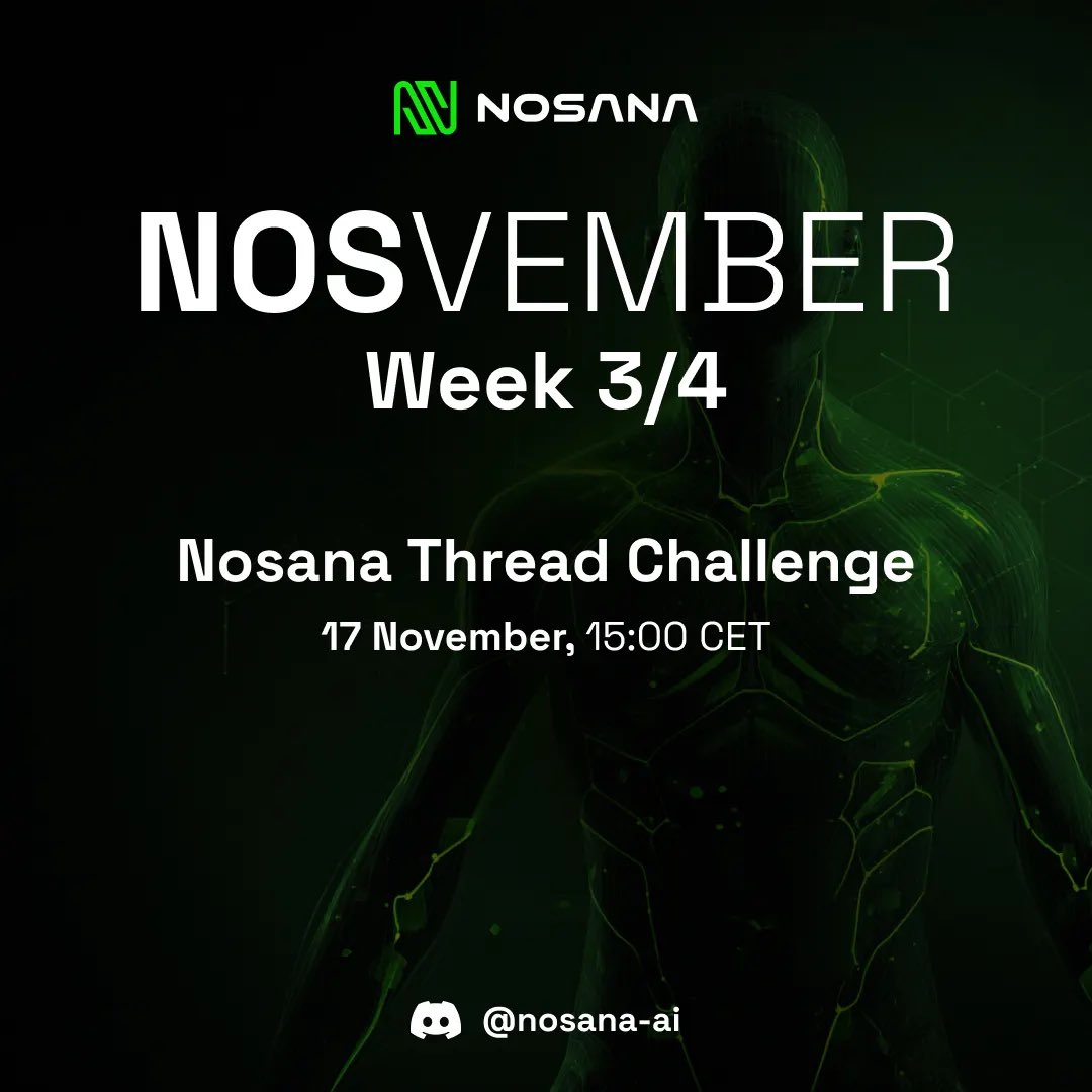 Nosvember keeps going 💚 This week we’re launching the Thread Challenge!

Write a thread about Nosana - product updates, Nosvember, or why decentralized compute beats the cloud 👀

👉 Tag us and use #nosvember &amp; #threadcontest 

Prize: $150 split between the top 3 threads