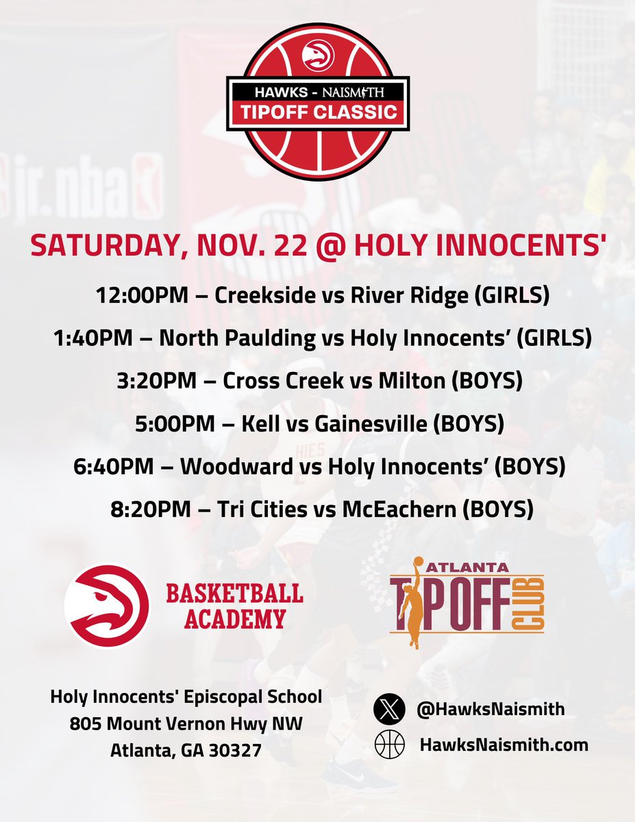 The Hawks-Naismith Tipoff Classic is THIS SATURDAY NOV 22nd
<a href="/HawksNaismith/">Hawks-Naismith Classics</a> 

We will be there all day!