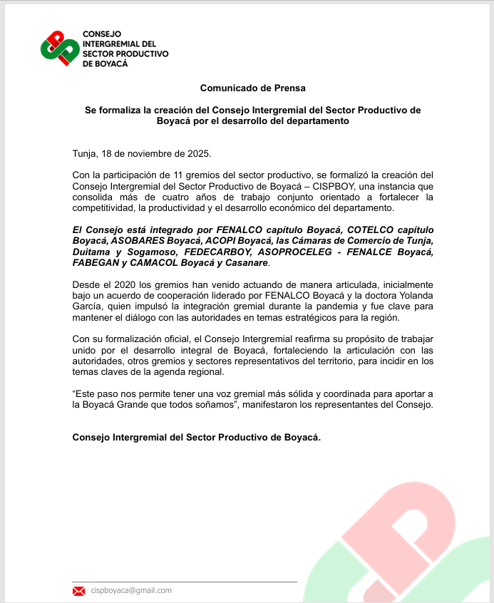 La unión hace la fuerza: 11 gremios formalizamos el Consejo Intergremial del Sector Productivo de Boyacá.

Una voz sólida y coordinada, unida por el propósito de impulsar el desarrollo y las oportunidades en nuestro territorio.

Seguimos trabajando por el progreso de #Boyacá🤝✨