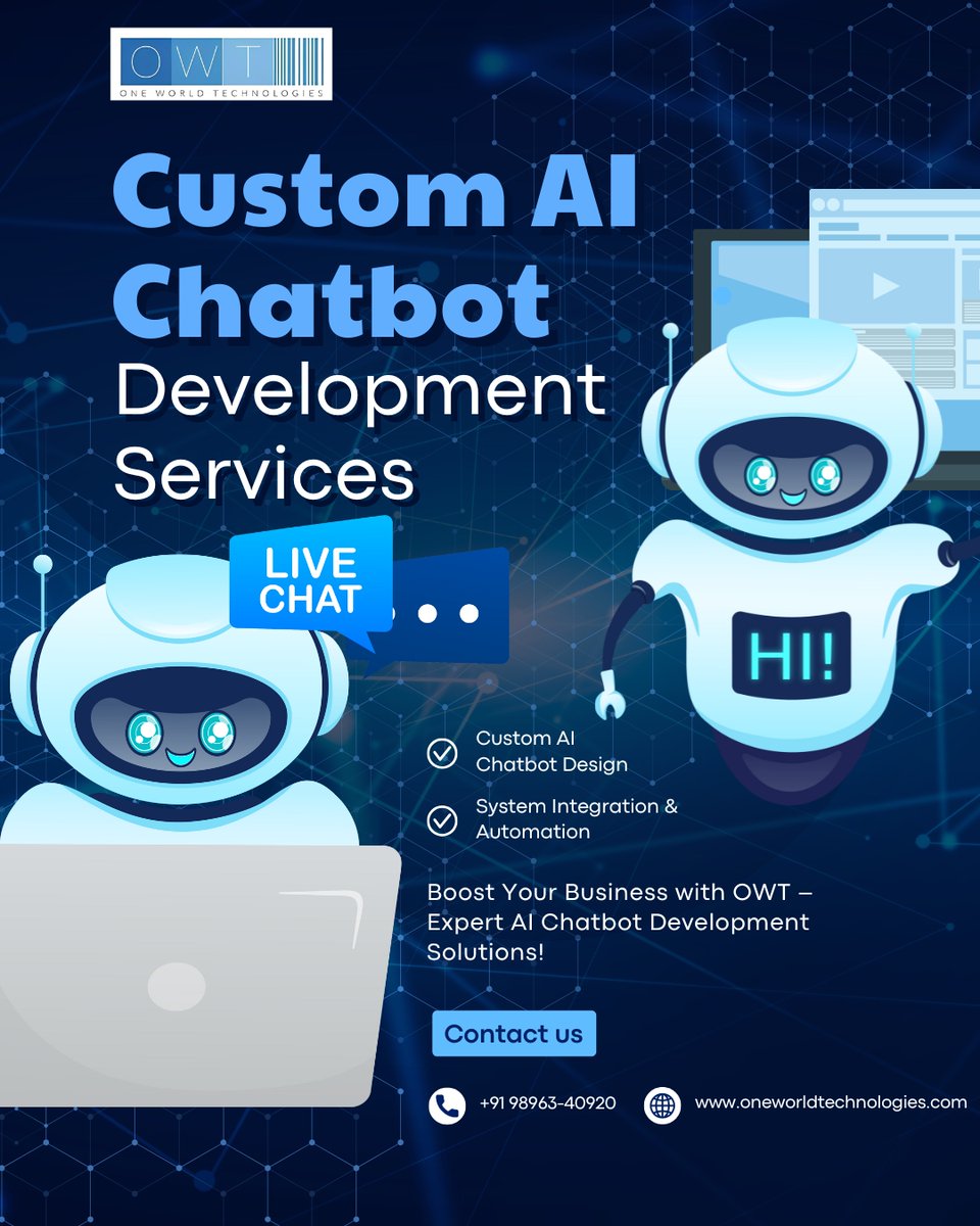 owtindia's tweet image. 🚀 Boost customer engagement with Custom AI Chatbot Development from One World Technologies!
🤖 Smarter support • Faster responses • Better conversions

👉 Contact details:
📞 +91 9896340920
🌐 oneworldtechnologies.com

#AIChatbot #Automation #AIDevelopment #ChatbotSolutions