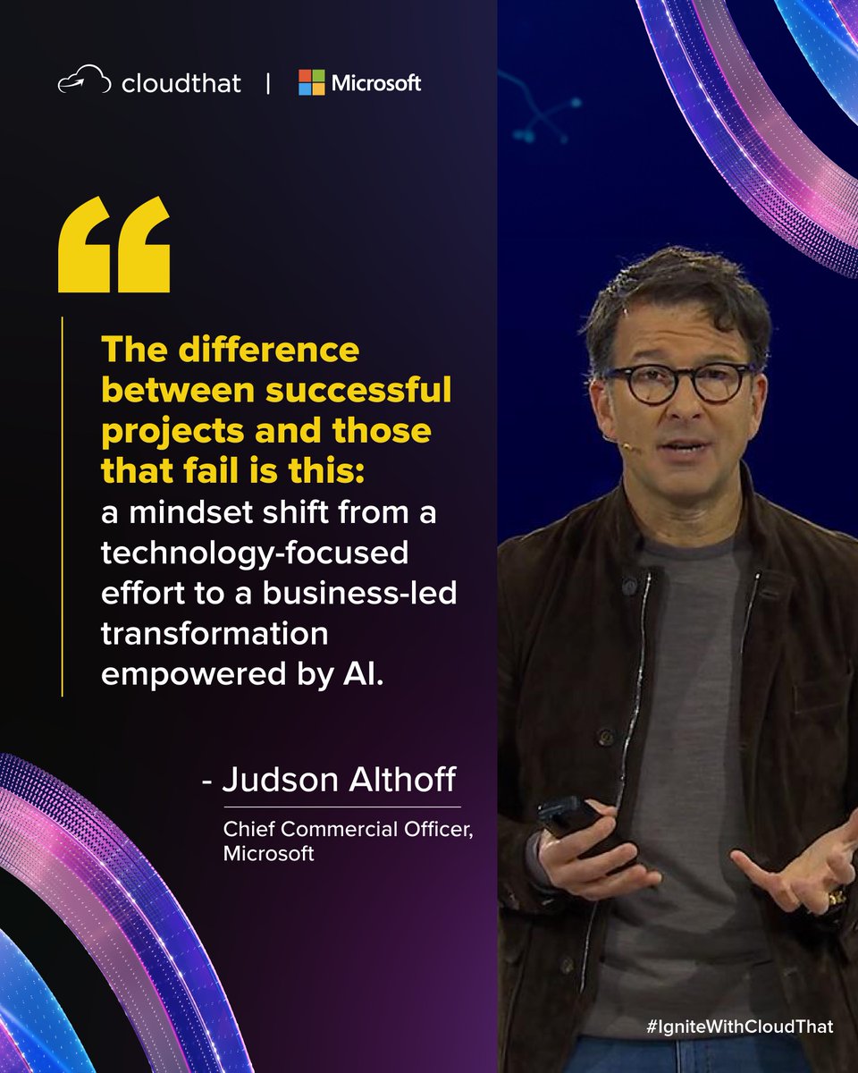 cloudthat's tweet image. A powerful reminder from the #MicrosoftIgnite2025 keynote: Transformation doesn’t start with tools — it starts with thinking differently.

When businesses lead with purpose and use AI to power their strategy, they are the ones shaping the future. Stay tuned for more highlights…