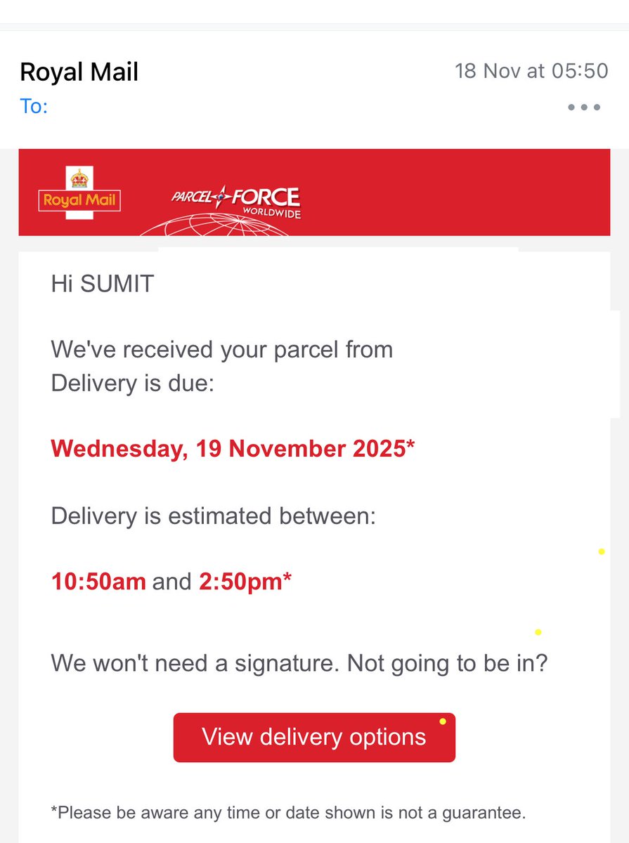 Puri_Sumit's tweet photo. @RoyalMail Typical Royal Mail kind of service…once again! Got an email yesterday early morning, suggesting delivery today and had the same update in the app too. You make plans to be there and the app now says this! Royal Mail delivers again…or do they 🤦‍♂️ https://t.co/8ZgWT4iMhY