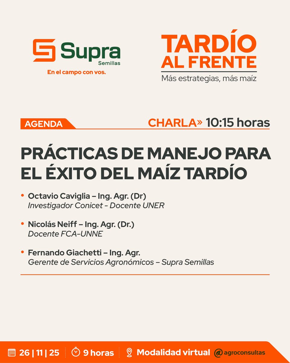 ¡No te pierdas todo lo que trae Tardío al Frente! 🌽

El miércoles 26/11, en modalidad virtual, te esperamos con una agenda completa de charlas para potenciar tus decisiones en la próxima campaña. 🌾

👉🏼 Conocé sobre qué trata cada una, los horarios y expertos a cargo.