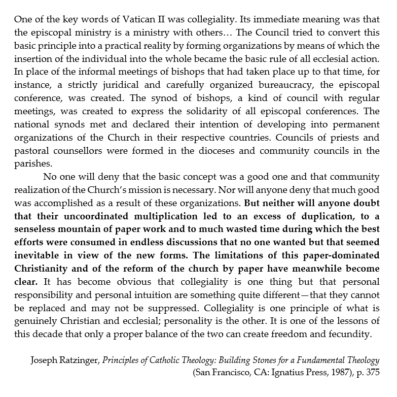 The phrase comes in the context of some very wise words from Ratzinger, originally written in 1982, that IMO certain factions in the Church today would do well to pay heed to. (but, of course, for almost all of these people Ratzinger doesn't exist, so...)