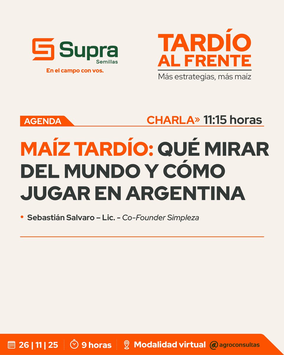 ¡Seguimos con la agenda de Tardío al Frente! 

👉🏼 Más charlas 🌽
Te contamos sobre qué trata cada una, los horarios y expertos a cargo. 

¡Te esperamos el 26/11!