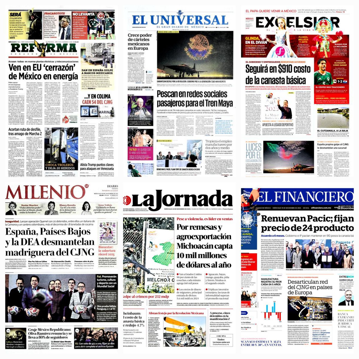 daniellemx_'s tweet image. Prensa en México ... #Reforma #ElUniversal #Excélsior #Milenio  #LaJornada #ElFinanciero #19noviembre2025