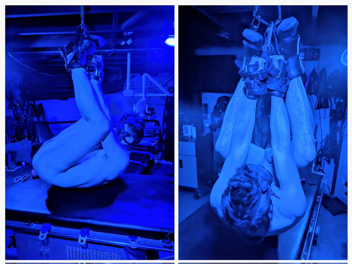 Sir, host over his strapped-down body, his boy dick got rock hard. Legs released from the table only to hear the click of how the next torment starts. Hands almost instinctively raised in hopes of the same treatment. Lowered to take Sir perfectly, the boy as his own sling. 😈😈😈