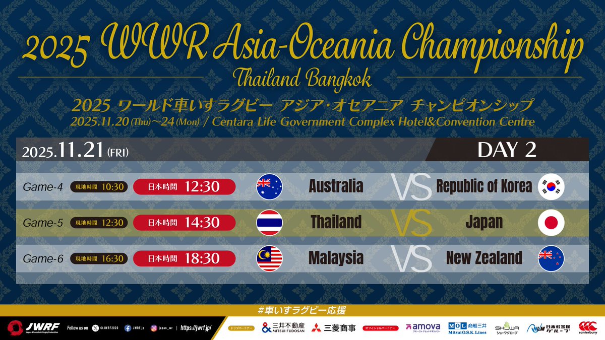 🇹🇭2025 WWR Asia-Oceania Championship in Thailand🇹🇭

✨TEAM JAPAN GAME DAY✨

📅 11/21(金) 14:30(日本時間) START
⚔️ 🇹🇭タイ vs 🇯🇵日本
📹 ライブ配信
youtube.com/@worldwheelcha…

応援をよろしくお願いします🔥

#車いすラグビー応援