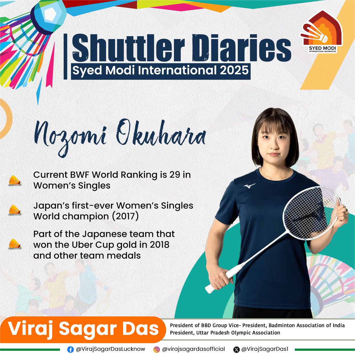 VirajSagarDas1's tweet photo. #ShuttlerDiaries: Japanese badminton legend and 2017 World Champion Nozomi Okuhara returns to the Syed Modi International 2025 in Lucknow. Known for her unmatched defensive skills and relentless spirit, Okuhara aims to add another prestigious title to her illustrious career. Fans, get ready to witness the artistry and passion of this former World No. 1 as she battles for glory once again!

#sayedmodi #badminton #upbadminton #badmintonaddict

@UPBadmintonA
