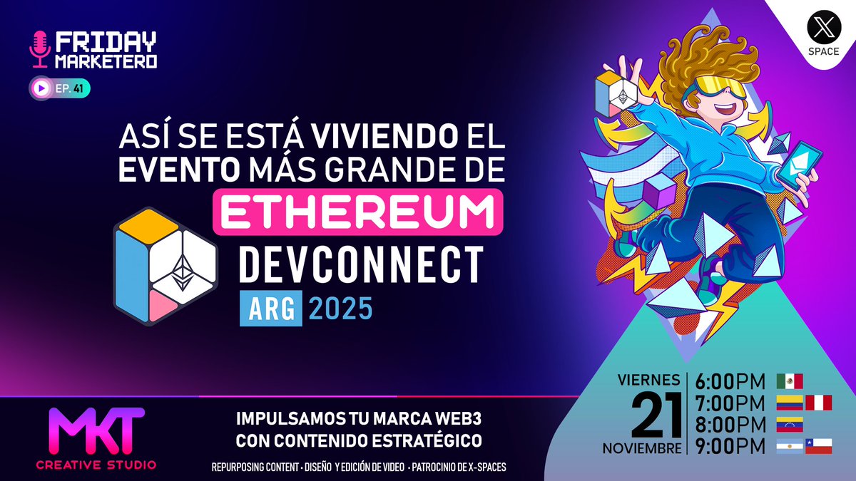 🎙 F R I D A Y M A R K E T E R O – EP. 41
 Así se está viviendo el evento más grande de #Ethereum <a href="/EFDevcon/">Devconnect ARG - the first Ethereum World’s Fair</a>  🇦🇷

Esta semana nos conectamos con invitados que están viviendo Devconnect Argentina desde adentro para contarte cómo se siente realmente el evento más grande de Ethereum