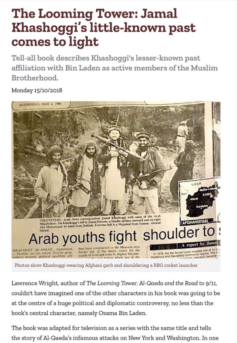 <a href="/DrewPavlou/">Drew Pavlou 🇦🇺🇺🇸🇺🇦🇹🇼</a> “Shockingly”, Khassoghi was an Islamic terrorist, dressed as a journalist. 

Wright mentions a close friend of Bin Laden's who shared the latter’s ambition to “establish an Islamic state anywhere.” That friend was Jamal Khashoggi. Both Bin Laden and Khashoggi were at the time
