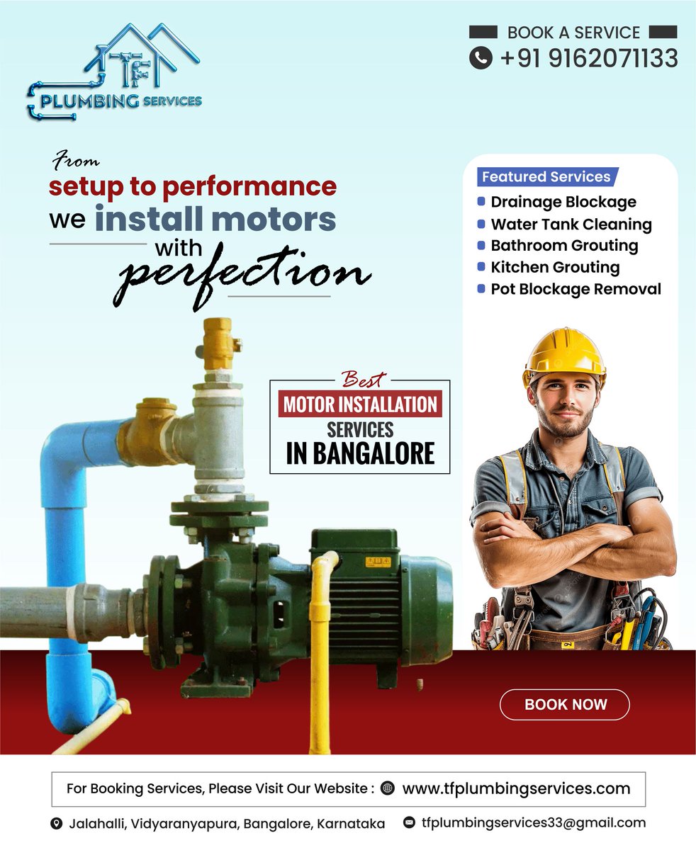 TfPlumbing's tweet image. Experience flawless motor installation with TF Plumbing Services. Enjoy quick service, best-in-class solutions for homes and businesses, and trusted support in Bangalore. 

#TFPlumbingServices #MotorInstallation #PlumbingExperts #HomeService #BangalorePlumbing