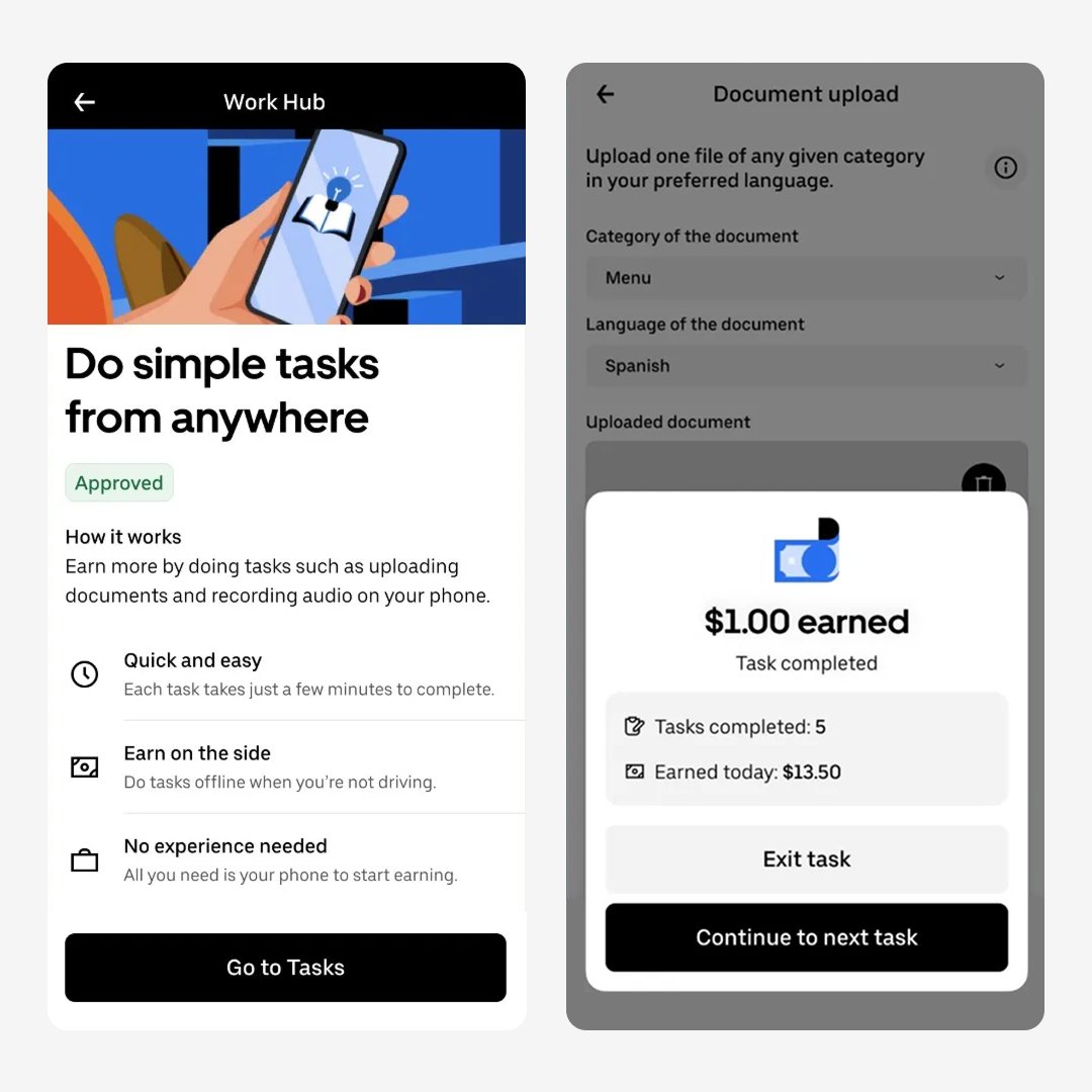 Uber is testing a new way for drivers to earn — even while waiting. Through a pilot program, drivers can complete quick digital tasks like: uploading images, recording voice clips, submitting documents. uber.com/blog/digital-t…