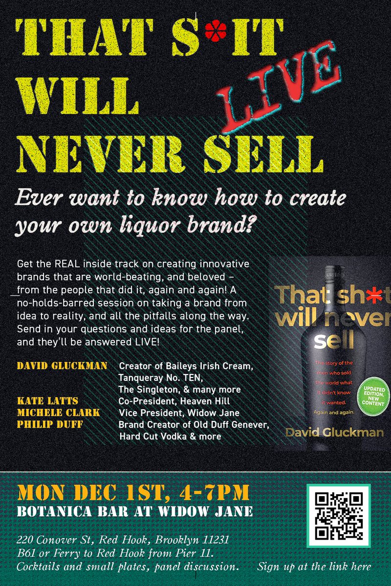I’m moderating this rather rockstar panel Dec 1 (as well as scarfing down the delicious food &amp; rare whisky that’ll be on offer - Widow Jane Distillery do a superior spread), and if you’re in the biz, you can join us (and submit questions for the panel) : tinyurl.com/37cyfk89