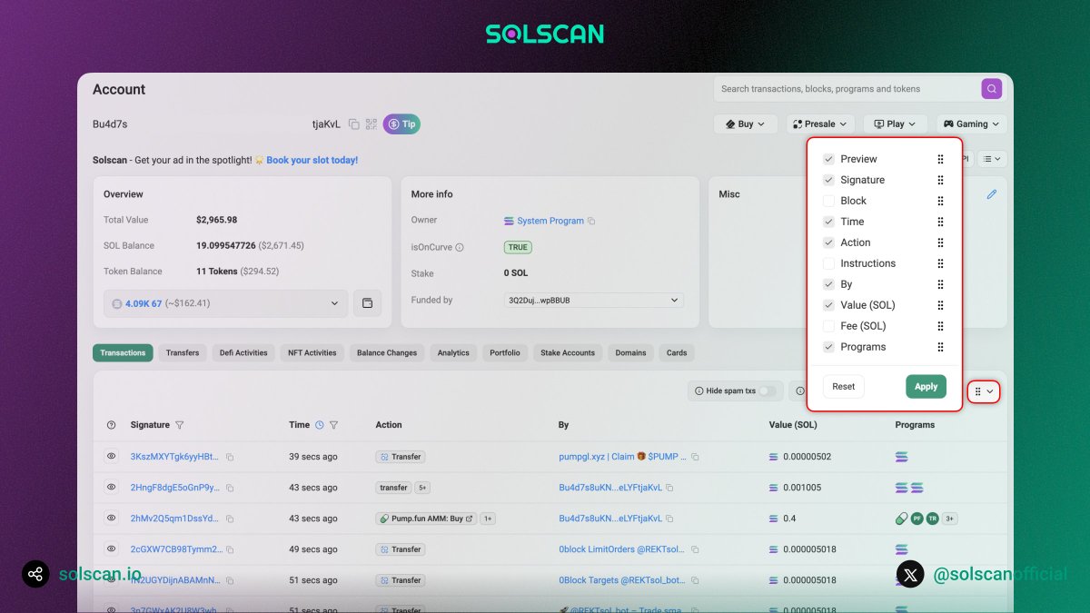 Solscan Transactions 选项卡中可自定义的表格列