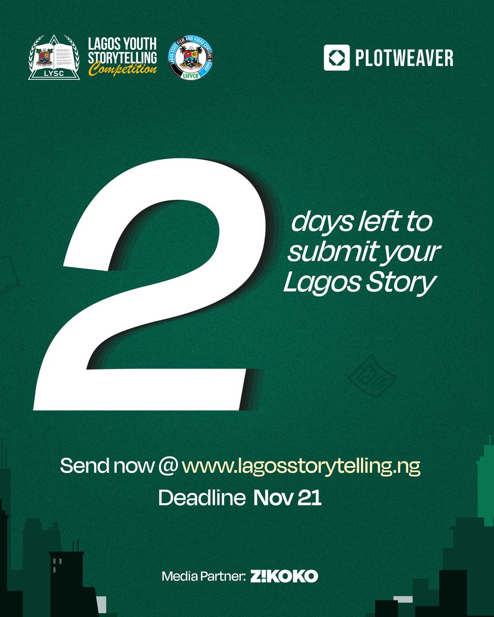 LagosTells_'s tweet photo. Only 2 days left to enter the Lagos Youth Storytelling Competition.

Your story could make you a star and change your life; 
but first, you have to tell it.

If there’s a Lagos student around you, tag them. Tell them. Don’t let them miss this.

👉 Submit for FREE via link in bio https://t.co/wYlIN9GLzi