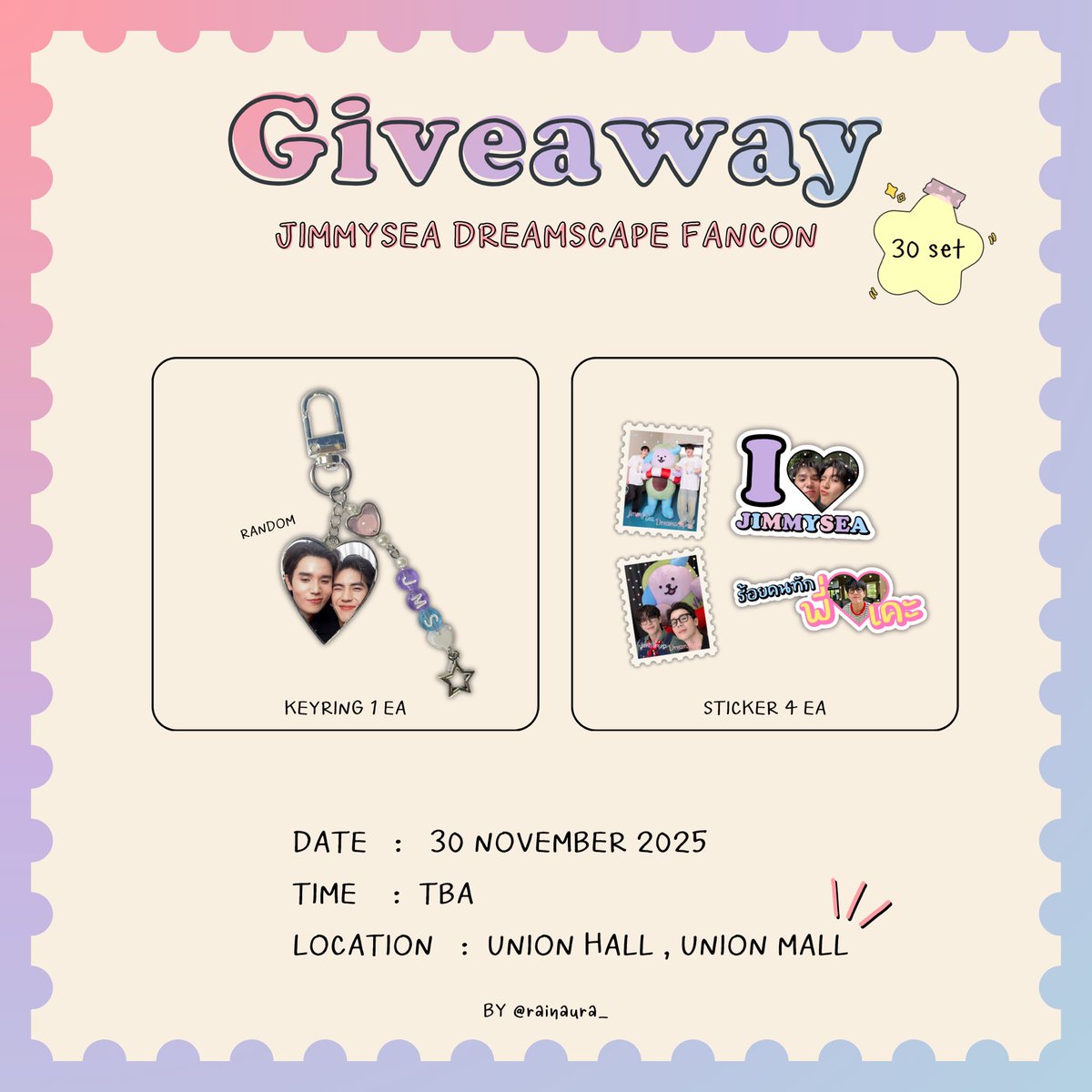 rainaura_'s tweet image. pls kindly rt 🫶🏼

✧*:･ﾟGiveaway 
#JimmySeaFancon 

💜🩵 only 30 set

✿ keyring 1 ea
✿ sticker 4 ea

Date : 30 Nov 2025
Time : TBA
Location : Union Hall , Union Mall

#jimmysea #จิมมี่ซี #jimmyyjp #sea_tawinan