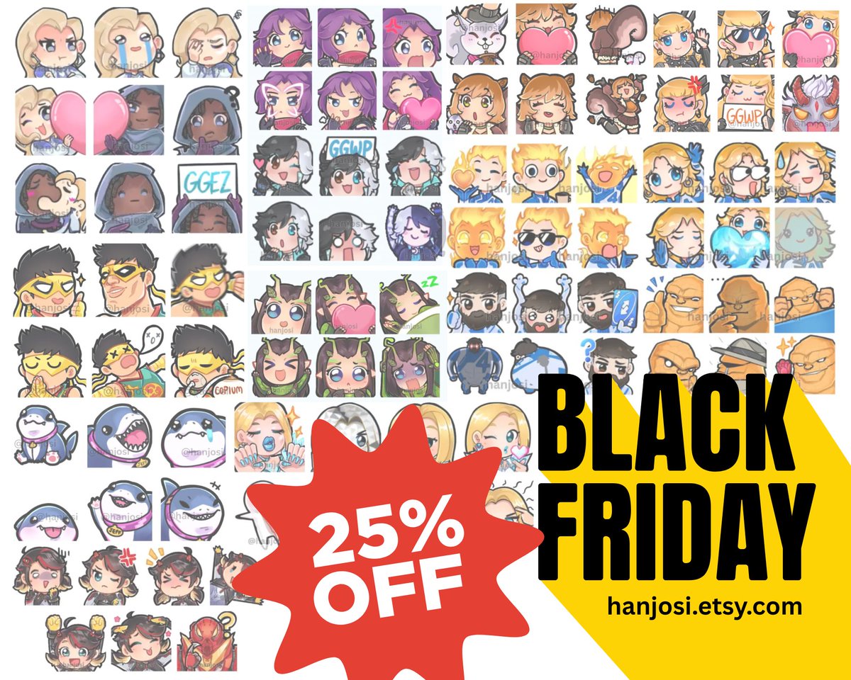 【BLACK FRIDAY EMOTE SALE 】
As a thanks for 500 reviews, 25% OFF EVERY SINGLE THING on my Etsy til the end of this month! Now's the best time to grab some fun new emotes for your Discord server or livestream! 😍
Only at 【hanjosi.etsy.com 】

RT's appreciated, thank you💕