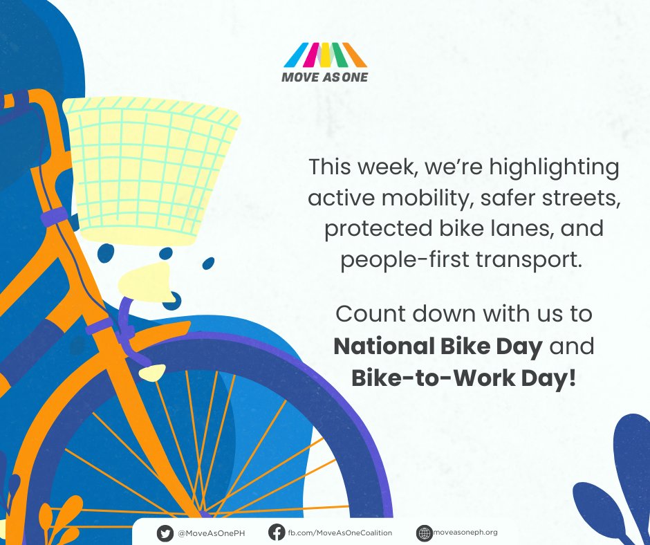 MoveAsOnePH's tweet image. This week, Move As One highlights active mobility: safer streets, protected bike lanes, and people-first transport. Join us as we count down to National Bike Day on Sun and Bike-to-Work Day on November 28.
Stay tuned for tips, stories, and ways you can help make biking safer.