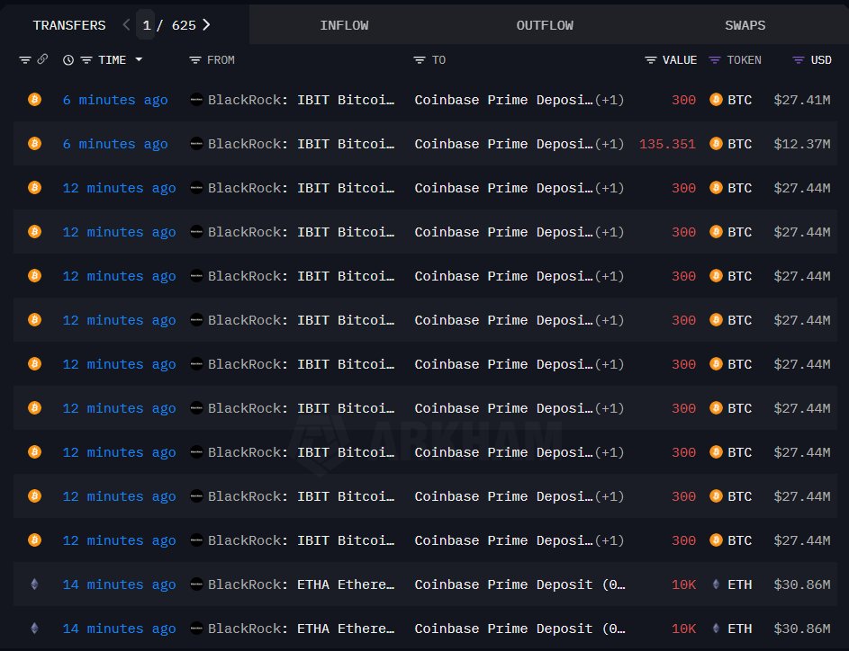 BlackRock의 Coinbase로의 온체인 전송 스크린샷