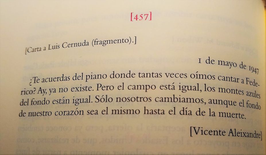 Fragmento de una carta de Vicente Aleixandre a Luis Cernuda:
