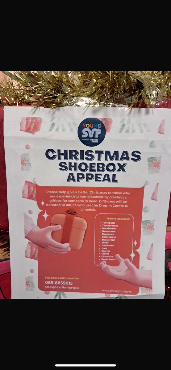 CastletroyC's tweet image. Taking action for #SDG1 #NoPoverty #LCVP #RE
#Shoeboxappeal
Donations acceped at box near school office
See list ideas in photo #gratitude #careforothers
@SDG2030 
@WorldWise_Irl @Take1_Programme
@Young_SVP
