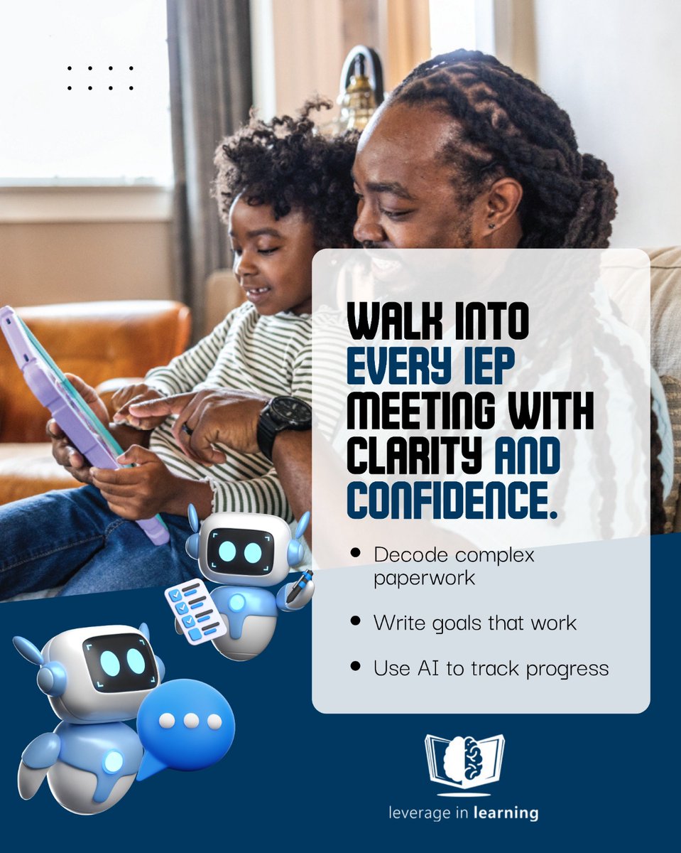 leverageinLearn's tweet image. Feeling overwhelmed by IEP paperwork and meetings? The A.I. IEP Advantage gives parents the tools to understand, plan, and advocate effectively.

 Learn how to:

 ✅ Decode complex paperwork
 ✅ Write goals that work
 ✅ Use AI to track progress
.
#theaiiepadvantage
