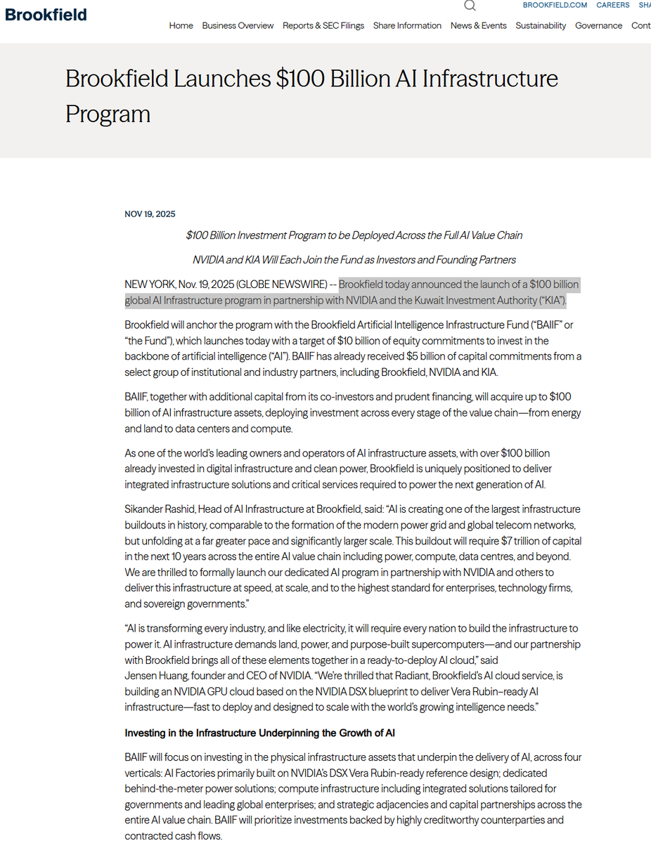 TheStalwart's tweet image. Today&apos;s press release is out 

&quot;Brookfield today announced the launch of a $100 billion global AI Infrastructure program in partnership with NVIDIA and the Kuwait Investment Authority (“KIA”).&quot;