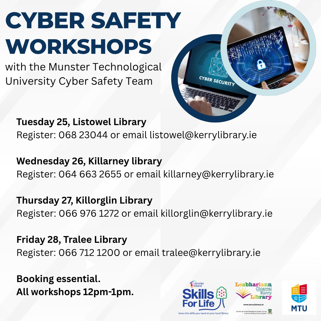 KerryLibrary's tweet image. Cyber Safety workshops with the Cyber Safety Team from Munster Technological University

The Cyber Safety Team will answer any questions attendees may have.

This workshop is especially beneficial for older adults in the community, but everyone is welcome! 

Booking required.