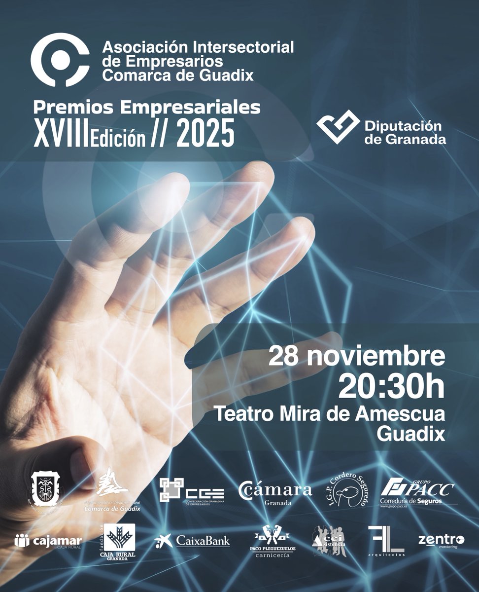 PREMIOS EMPRESARIALES INTERSECTORIAL 2025
Viernes, 28 de noviembre, 20:30h
La fiesta de todos los empresarios y empresarias de la #ComarcadeGuadix.

CONFIRMAD LA ASISTENCIA Y EL Nº DE PERSONAS en gerencia@empresariosguadix.com o en el teléfono 958 669 118
