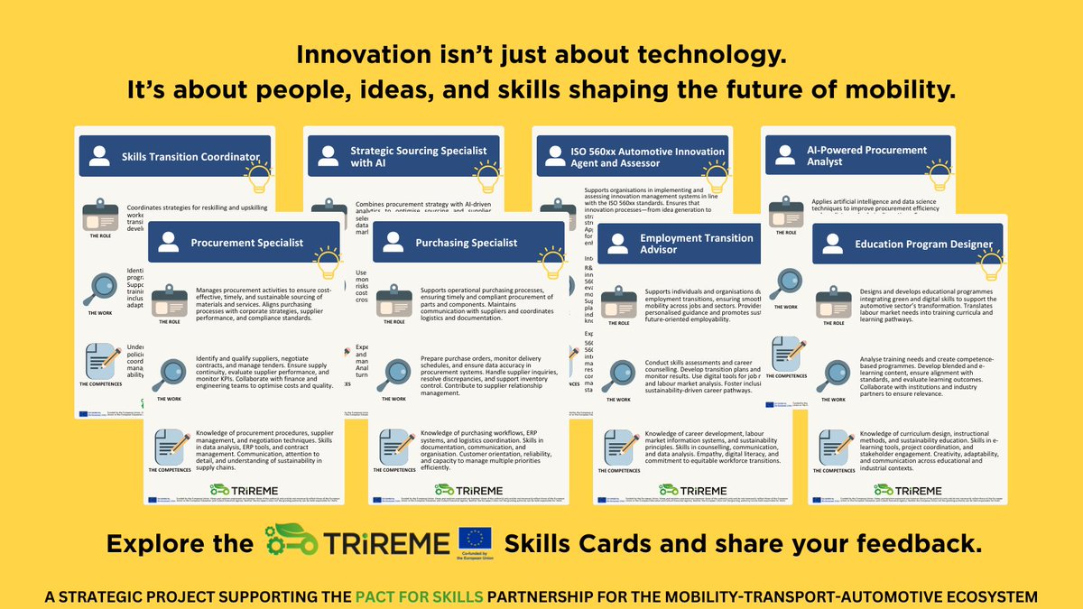 ProjectTrireme's tweet image. 💡 Innovation starts with people.

Meet the experts driving reskilling, AI, and innovation management in TRIREME’s Skills Cards — and shape the skills of tomorrow.

Share your feedback with us!
🔗 project-trireme.eu/en/skillscards

#AutomotiveMobility #FutureOfWork #ErasmusPlus