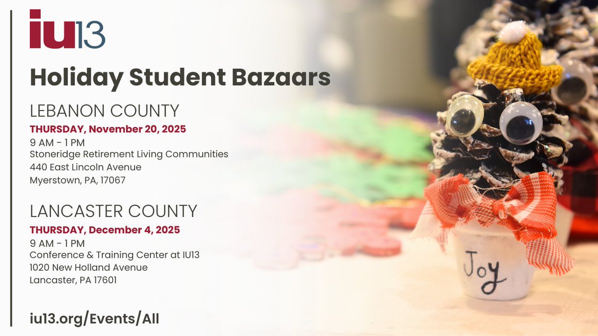 🎁 Shop student-made crafts &amp; gifts at the Holiday Student Bazaars!
❄️ Lebanon: Nov 20 @ Stoneridge Retirement Living
❄️ Lancaster: Dec 4 @ IU13, 1020 New Holland Ave
9 AM–1 PM | Open to all!

More info 👉 hubs.li/Q03KMmn-0