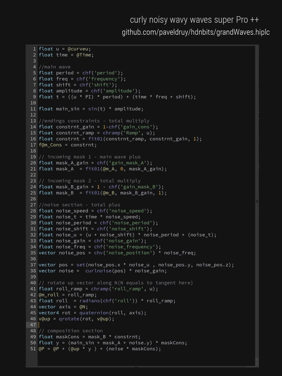 paveldruy's tweet image. and here is a tiny script to add some wavy life to your awesome curves. really useful for me
github.com/paveldruy/hdnb…

#houdini #sidefx